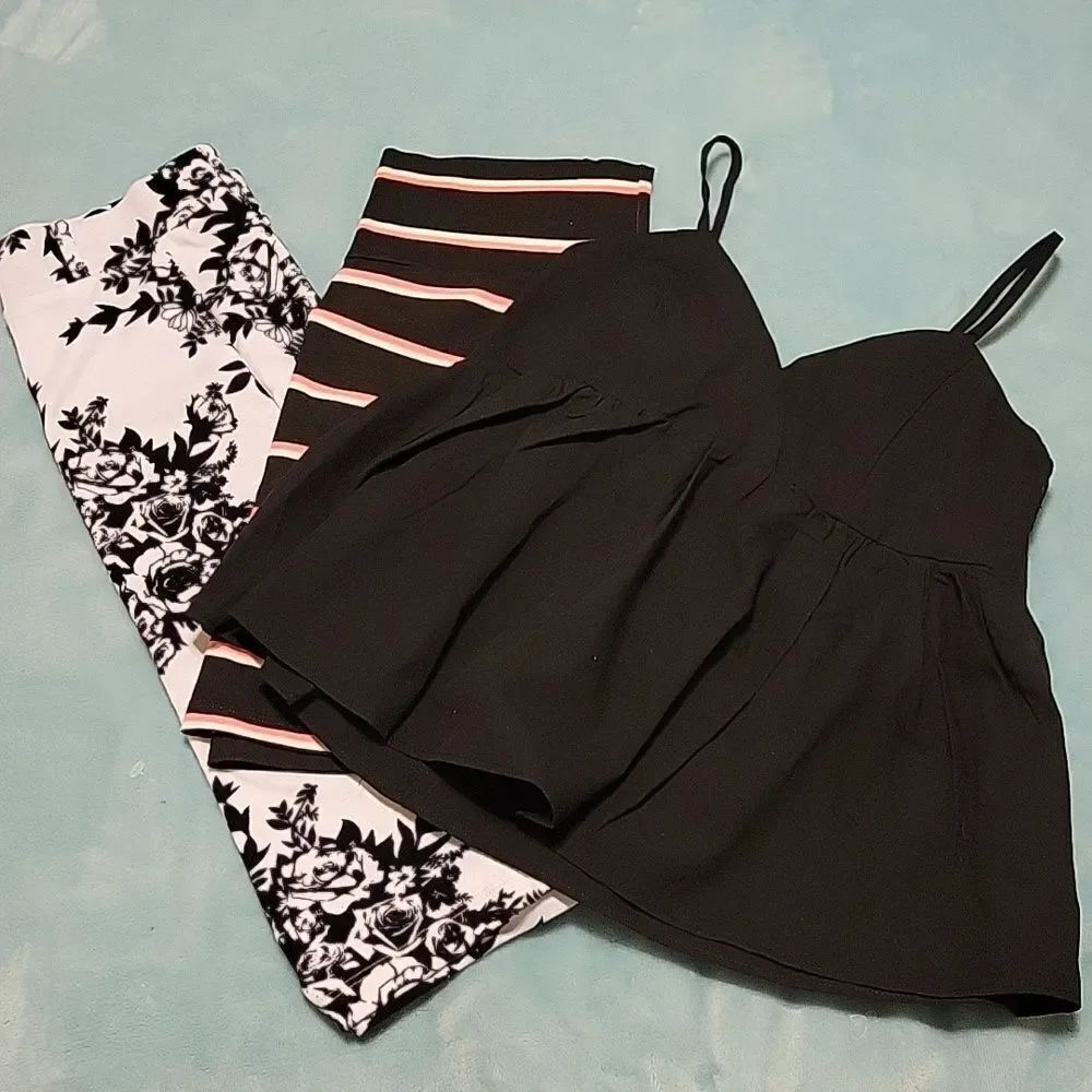Black Halter top, black striped mini skirt & black & white midi BUNDLE